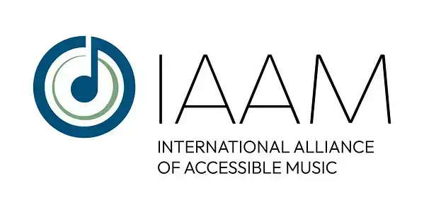 IAAM International Alliance of Accessible Music. Blue circle with a musical note inside.